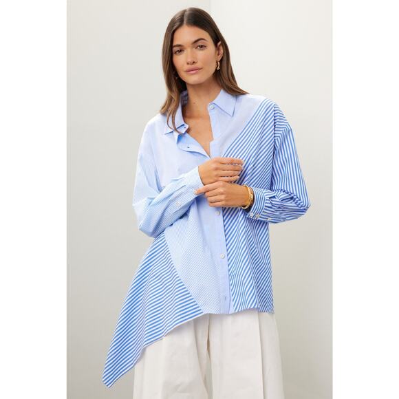 NAADAM Blue Cotton Asymmetrical Stripe Mix Button Up Long Sleeve Top Size Medium - Picture 1 of 12